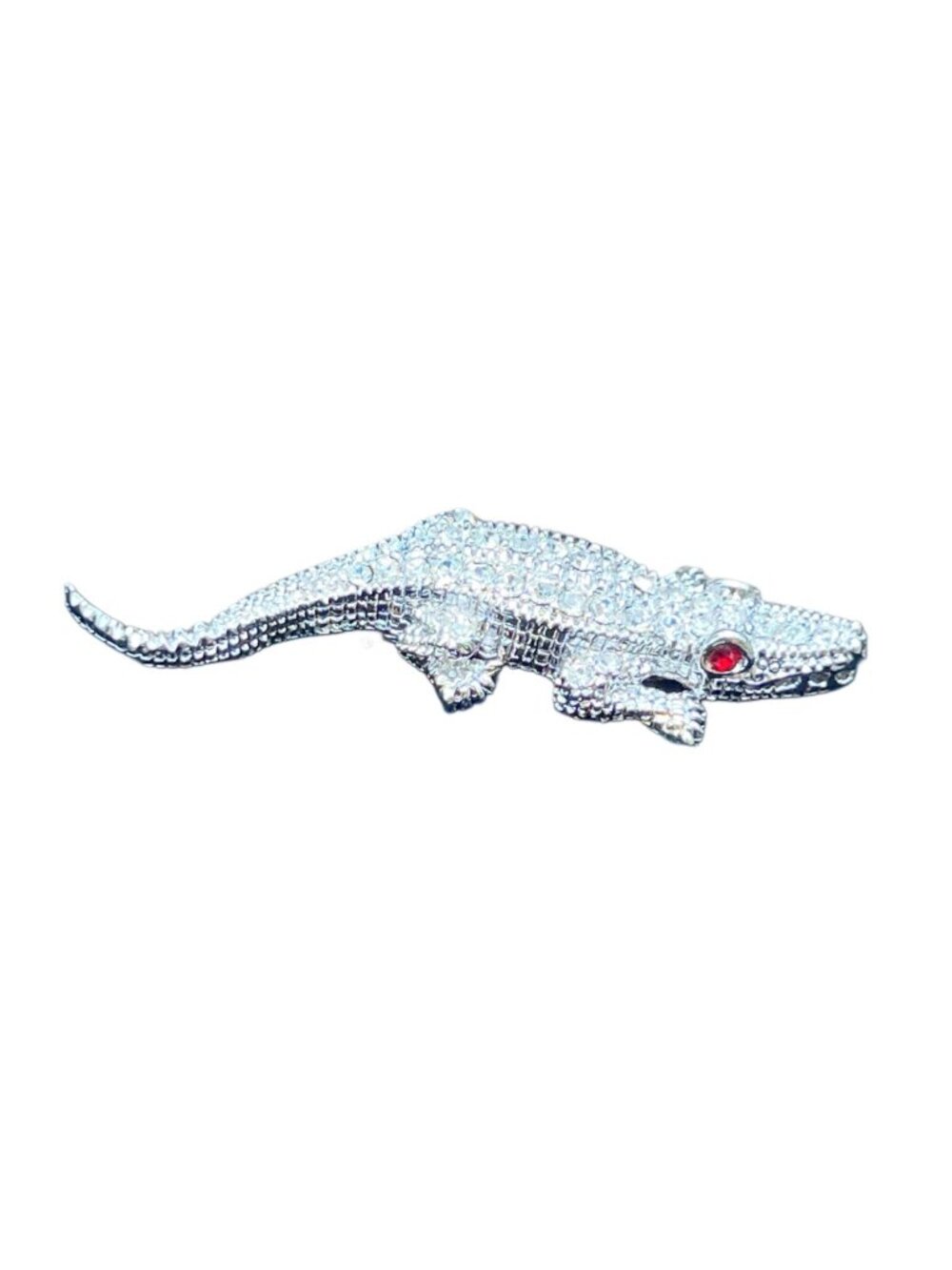 Rhinestone Vintage Alligator Brooch Pin With Red Eyes - Sparkling Silver-Tone - Picture 7 of 8